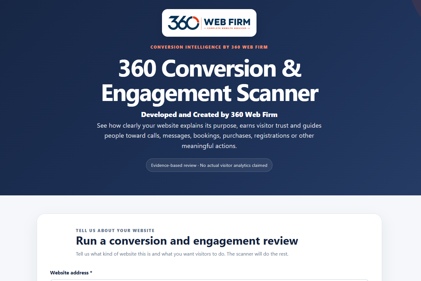 Current 360 Conversion and Engagement Scanner start screen with website review form