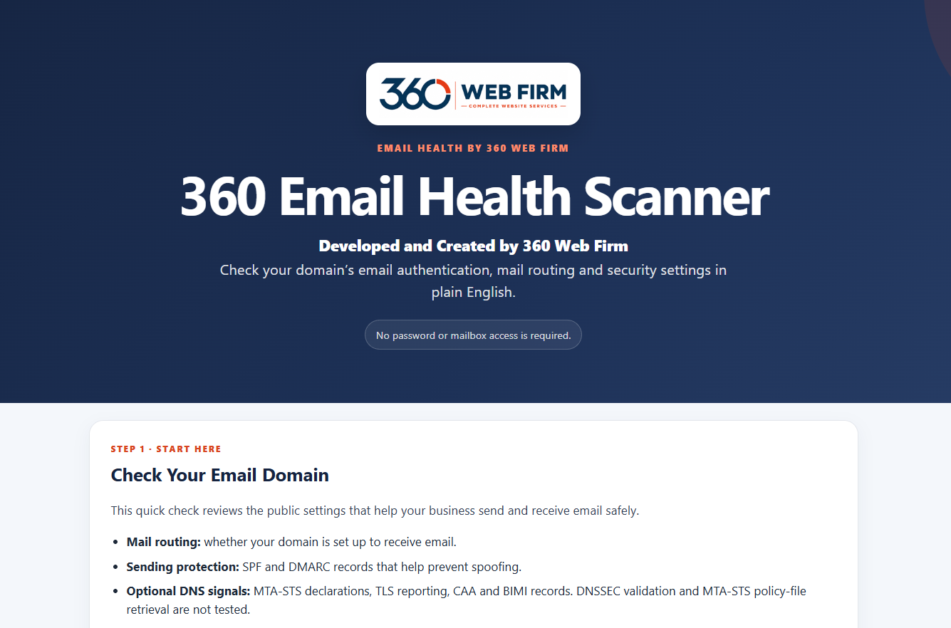 Current 360 Email Health Scanner start screen showing Part 1 domain check