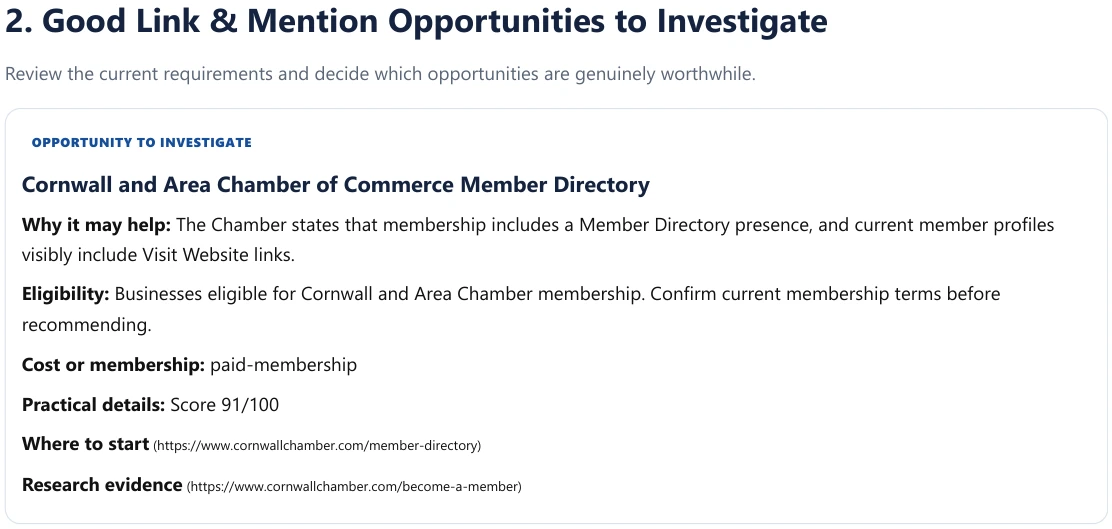 Actual Link Finder report excerpt: Cornwall Chamber opportunity, eligibility, membership cost and research evidence