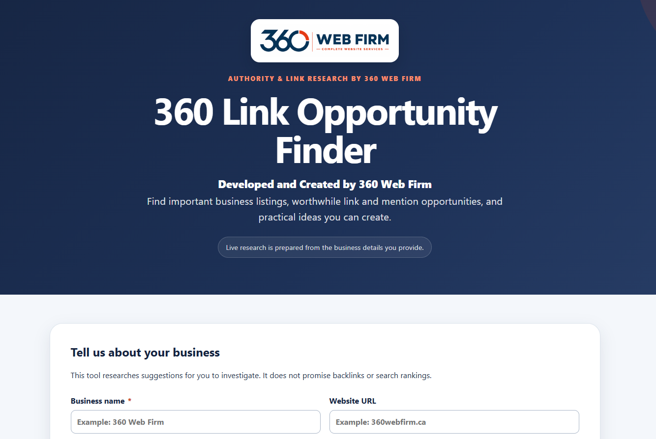 Current 360 Link Opportunity Finder start screen with business research form