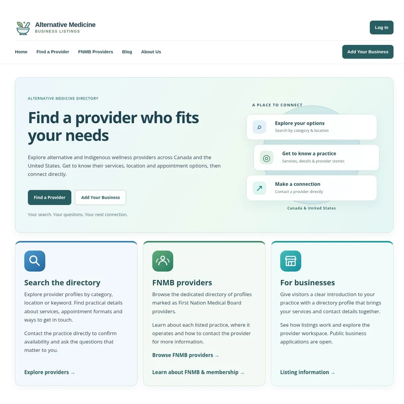 Alternative Medicine List homepage with provider discovery and directory feature boxes, custom developed by 360 Web Firm