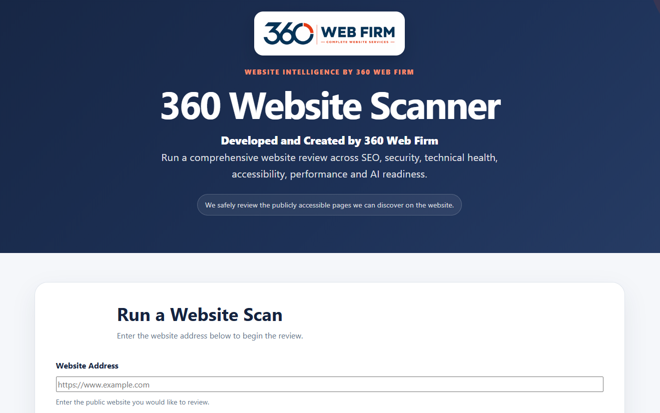 Current 360 Website Scanner start screen with website address form
