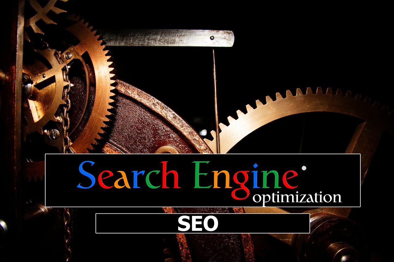 Image of mechanical gears and words saying Search engine Optimization in different colors. SEO image.