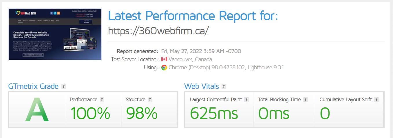 Website Performance - statistics of 360 web firm with GTmetrix