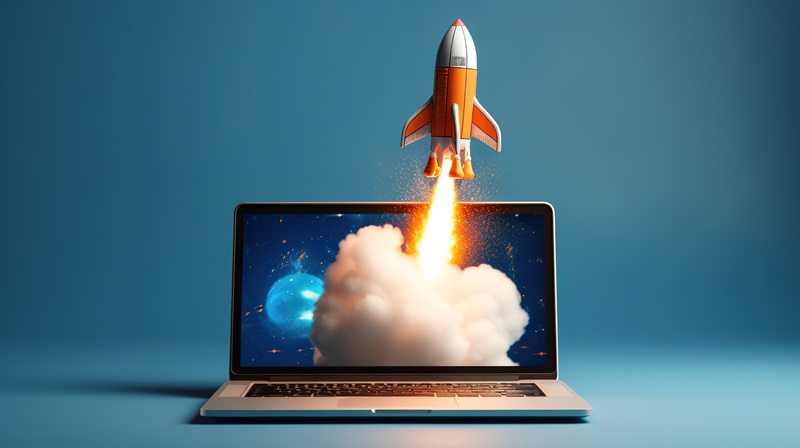 rocket-coming-out-laptop-screen-blue-background - speed up your WordPress website with these tips
