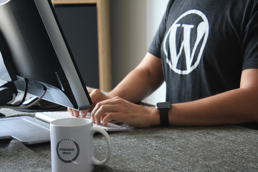 why use WordPress for your website. 360 Web Firm - Person on computer wearing a shirt with a WordPress LOGO on it