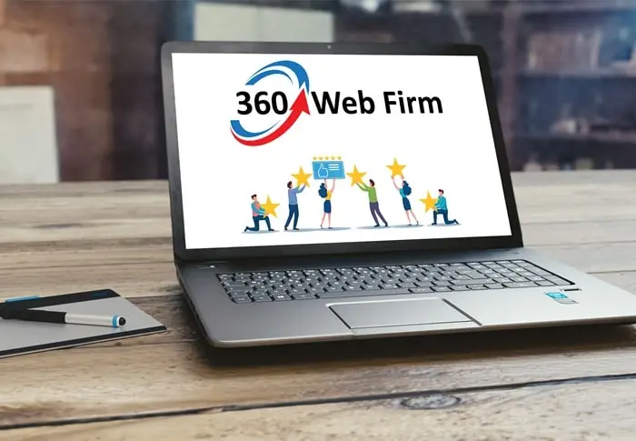 Image of laptop with 360 web firm logo and toons placing yellow stars for review
