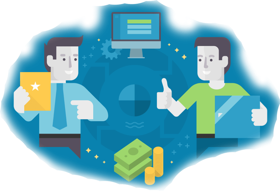 Spring website design package - toons with money, graphs, computers in a circle